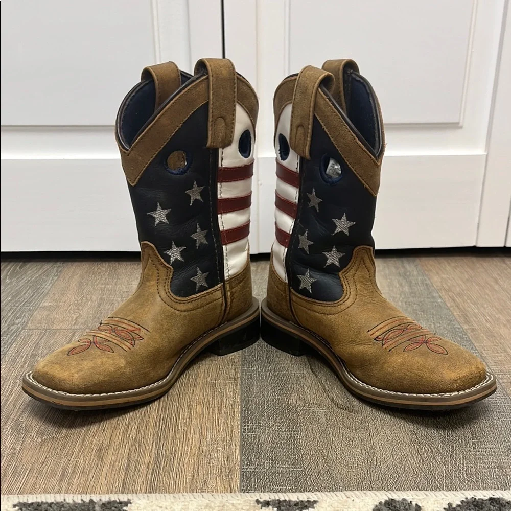 Kids Brown Cowboy Boots with Patriotic Star & Stripe Shaft